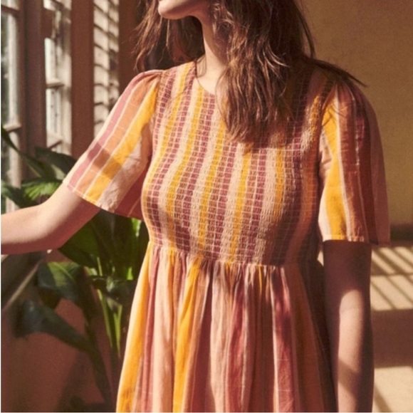 Sezane Magda Mini Dress Cotton Orange Pinstripe Smocked Metallic Sz 36 US S - Picture 3 of 16